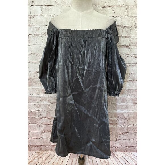 ROWA Womens S Mini Shift Dress Party Pewter Silver Metallic Off The Shoulder - Picture 1 of 4